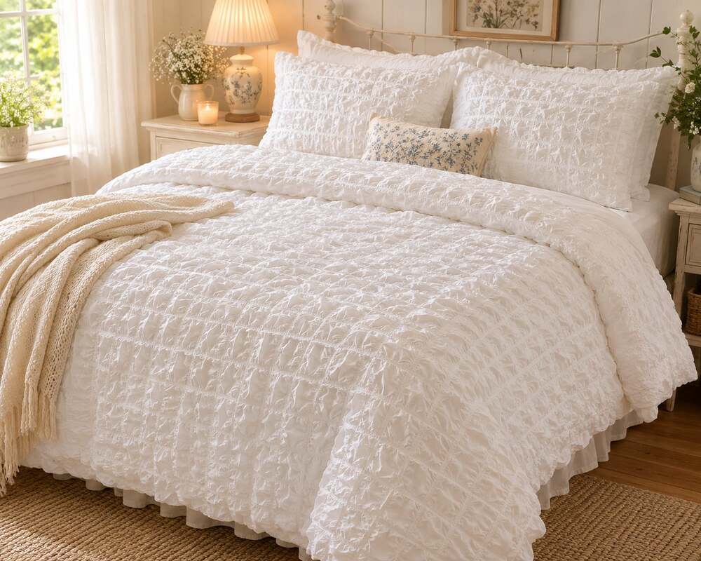 Indigo Collection Full Size White Ruched Textured Duvet and Sham Set